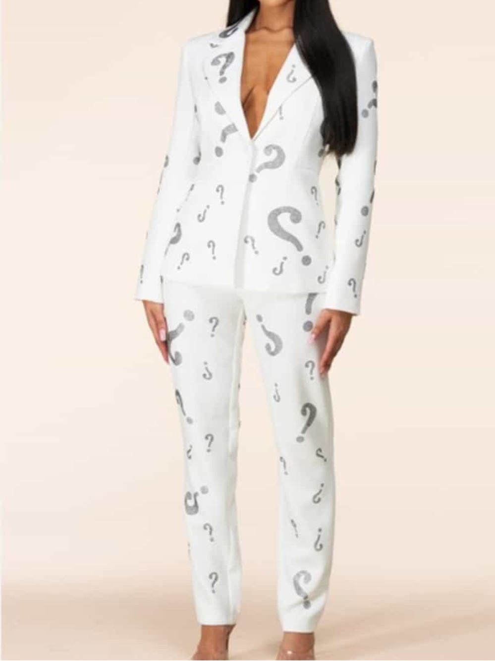 White Question Mark Print Blazer & Pants Set